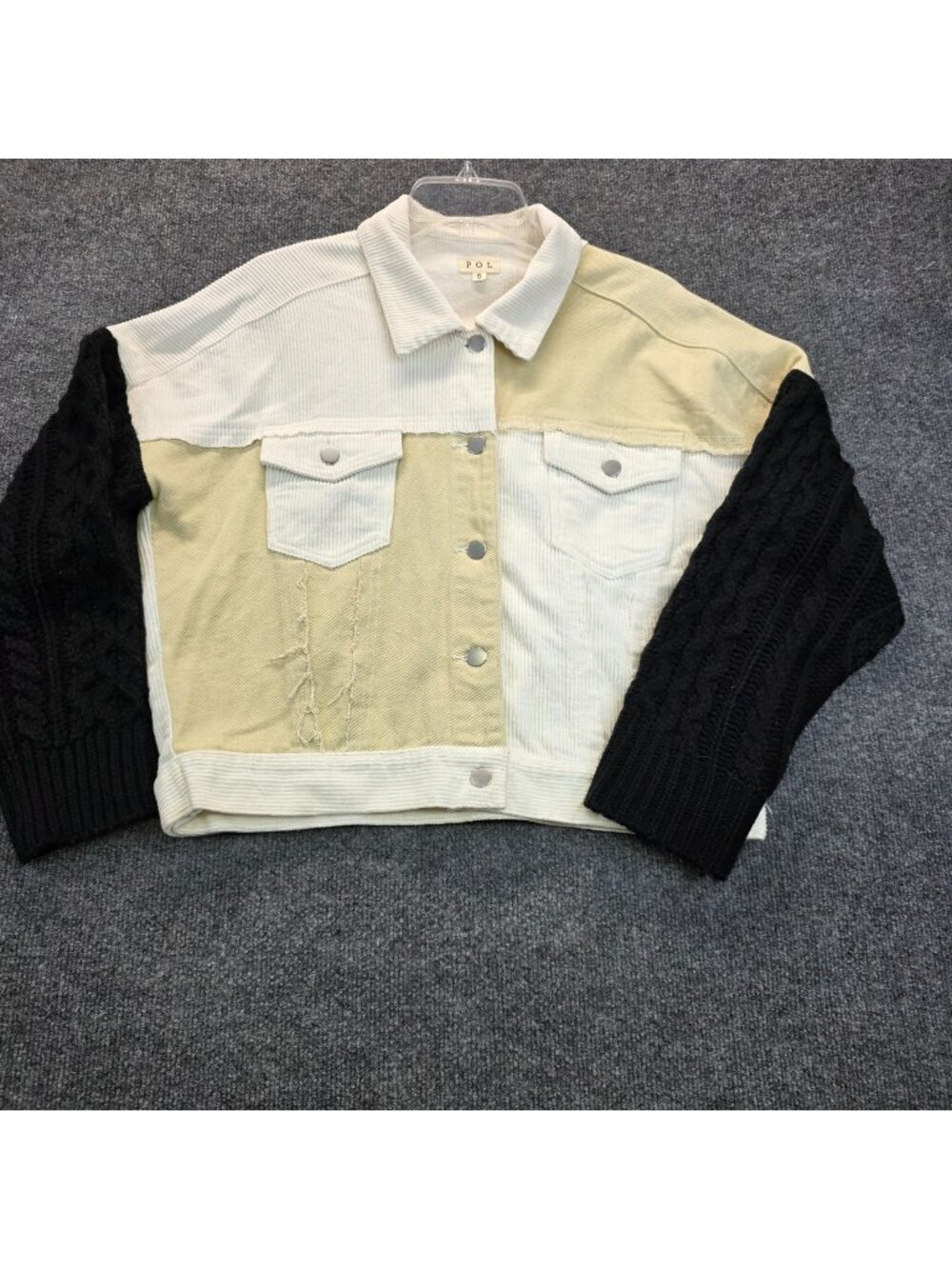 Pol Corduroy Crop Patchwork Sweater Jacket S White Black Distressed Streetwear